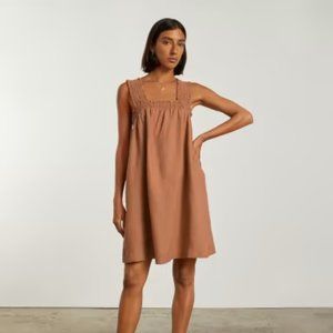Everlane The Smocked Linen Tawny Brown Dress Women New Size X Small XS Vacation